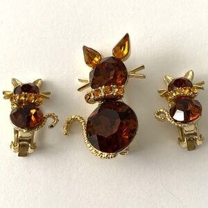 Vintage Dodds Amber Rhinestone Cat Brooch Pin Cat Earring Clip-on Set